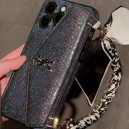 イヴサンローラン iPhone16対応 皮革製ケース ストラップ付き 金属ロゴ カードポケット 斜め掛け キラキララメ レディース専用